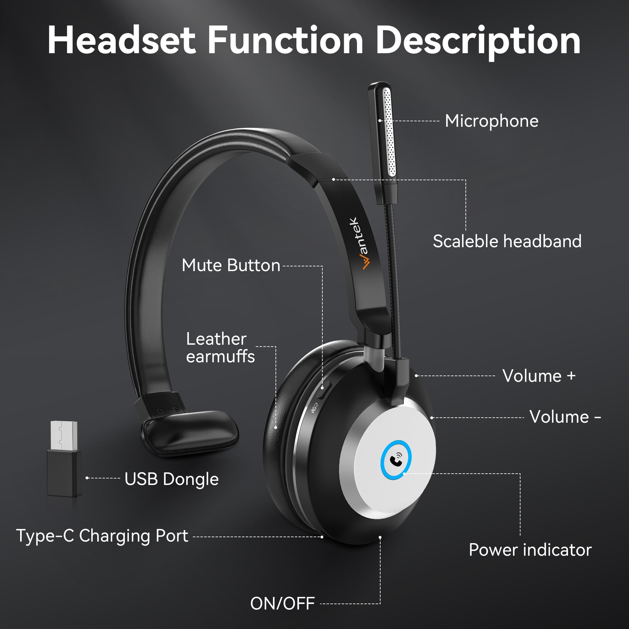 Trucker Bluetooth Headset with Microphone, with AI Noise Cancelling & Mute Button, Wireless On-Ear Headphones 60 Hrs Working Time, for Trucker Home Office Remote Work Zoom
