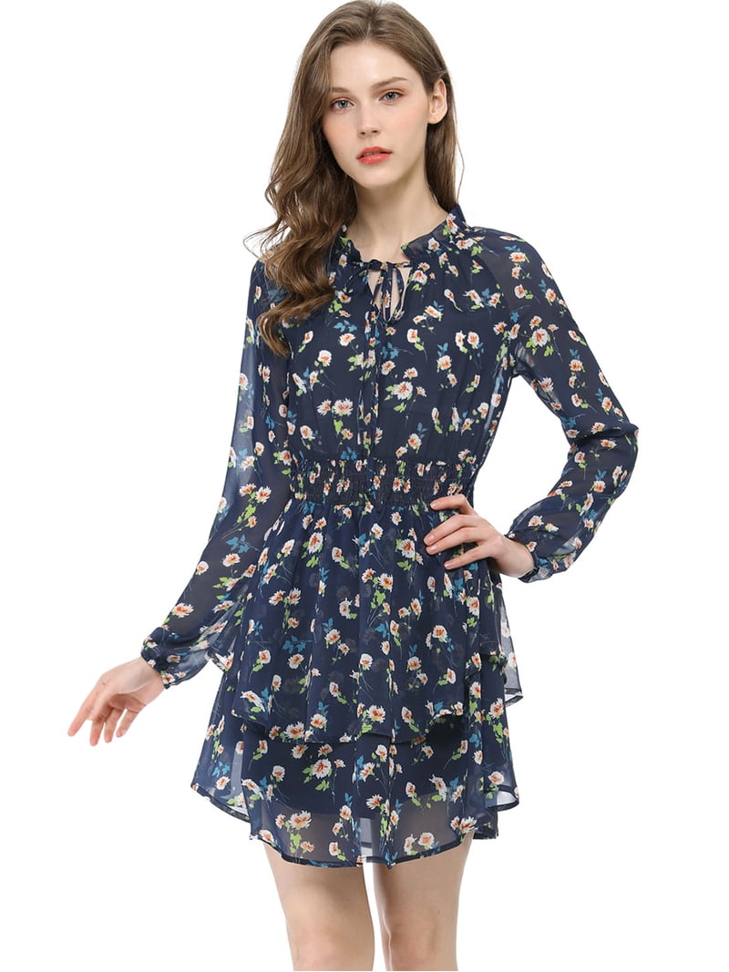 Allegra K Women's Floral Print Chiffon Dress – Long Sleeve Mock Neck Smocked Waist Mini