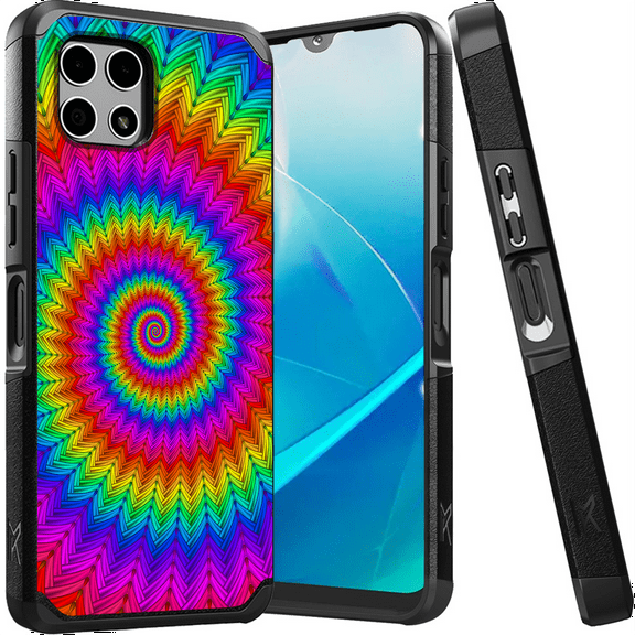ANJ Shockproof Dual Layer Slim Hard Case Tempered Glass Cover Compatible with T-Mobile REVVL 7 5G - Rainbow Swirls