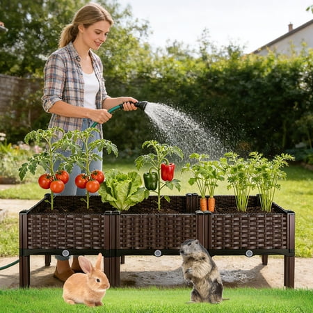 Elevated Raised Garden Bed with Self-Watering Design, Heavy Duty PP Plastic Planter Box S/M/L Sizes, No Back Strain Outdoor Gardening for Patio Backyard Balcony