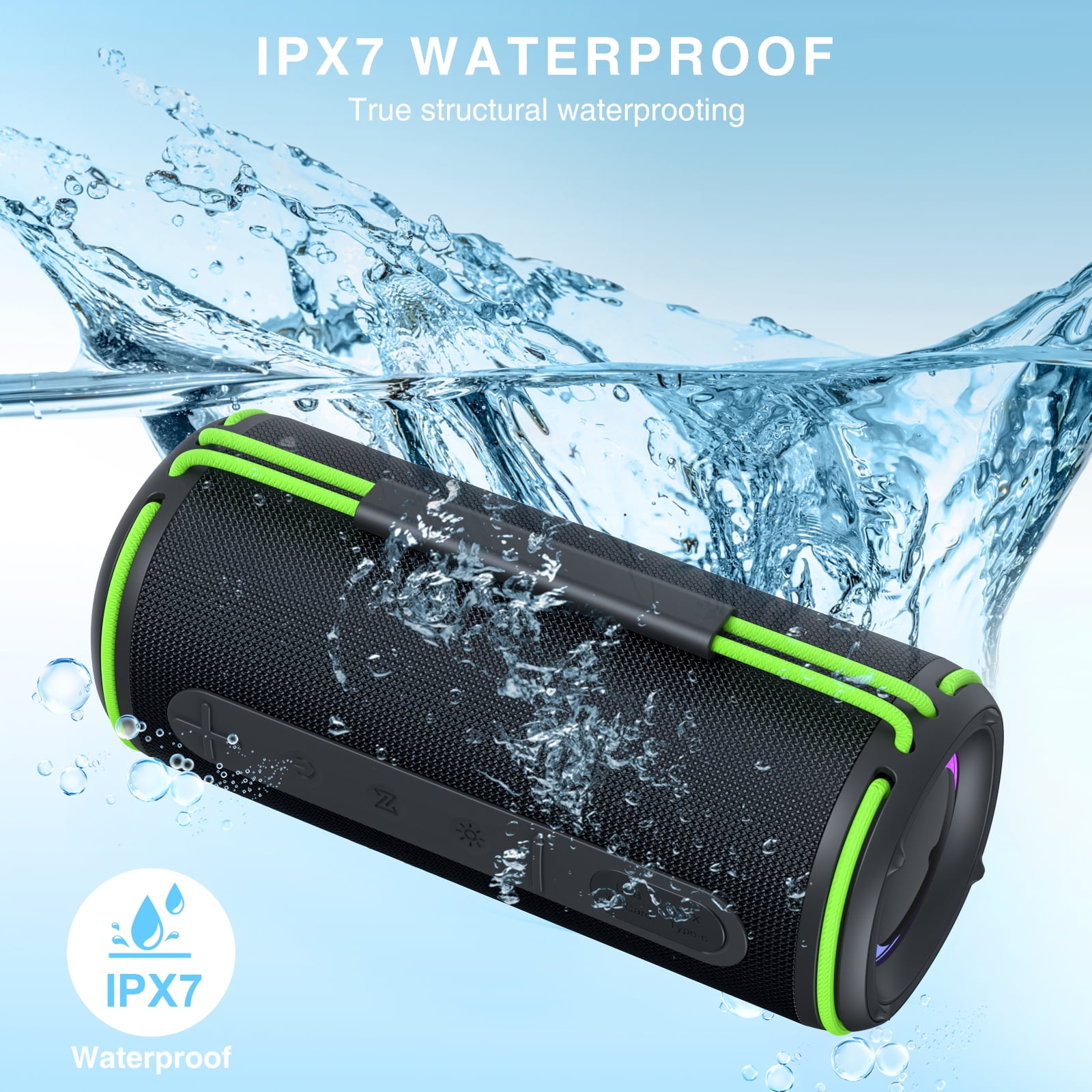 30W Portable BT Speaker, IPX6 Waterproof & Lights, 10H Playtime for Party