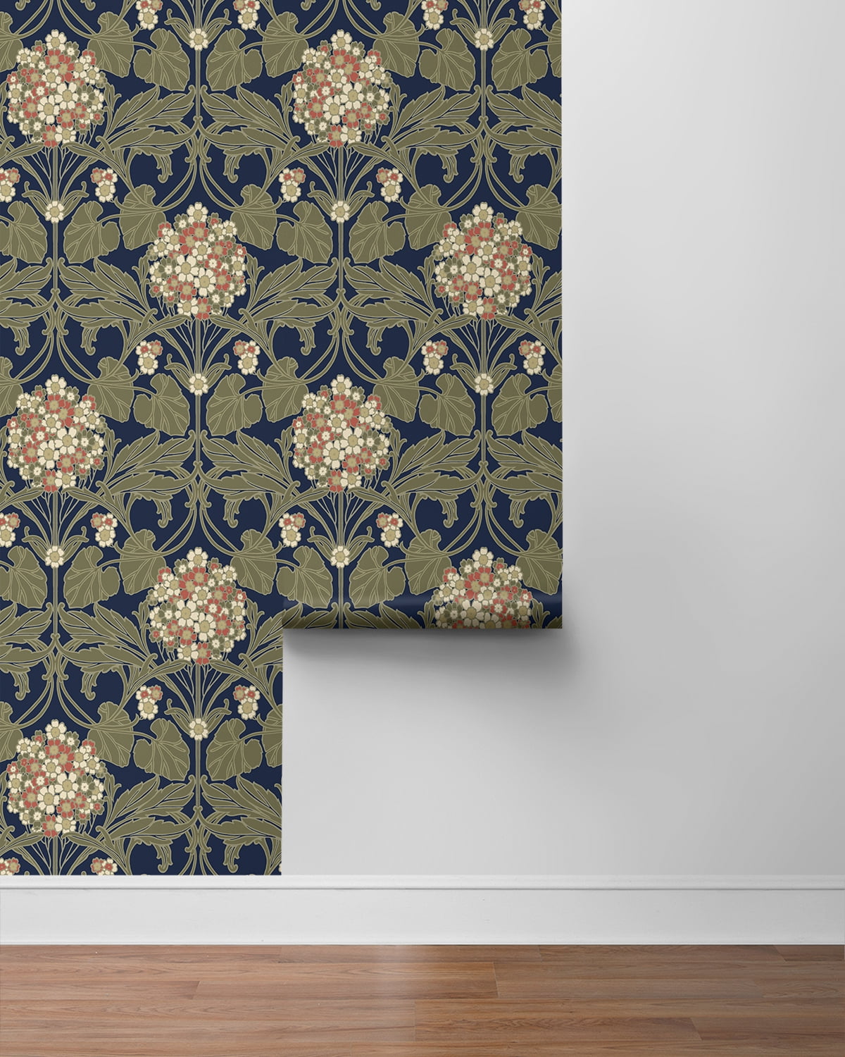 NextWall Dark Blue & Terra Cotta Hydrangea Floral Peel and Stick Wallpaper - 20.9 in. W x 18 ft. L Roll