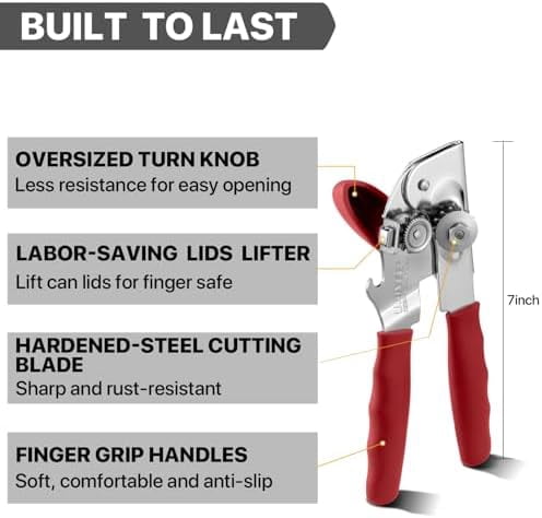 Can Opener Manual Heavy Duty,  Hand Held Can Openers for Seniors with Comfort Grip Sharp Blade, Solid Steel Hand Manual Can Open with Magnet for Kitchen Camping, Red