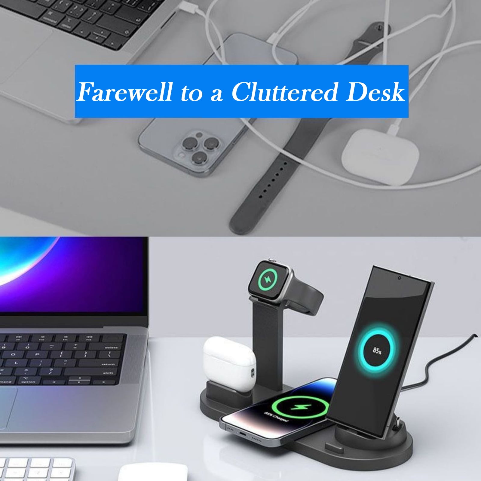 15W Fast Wireless Charging Stand - 360° Rotatable Charging Dock Station Multi-Interface for iPhone/Apple Watch/AirPods/Android