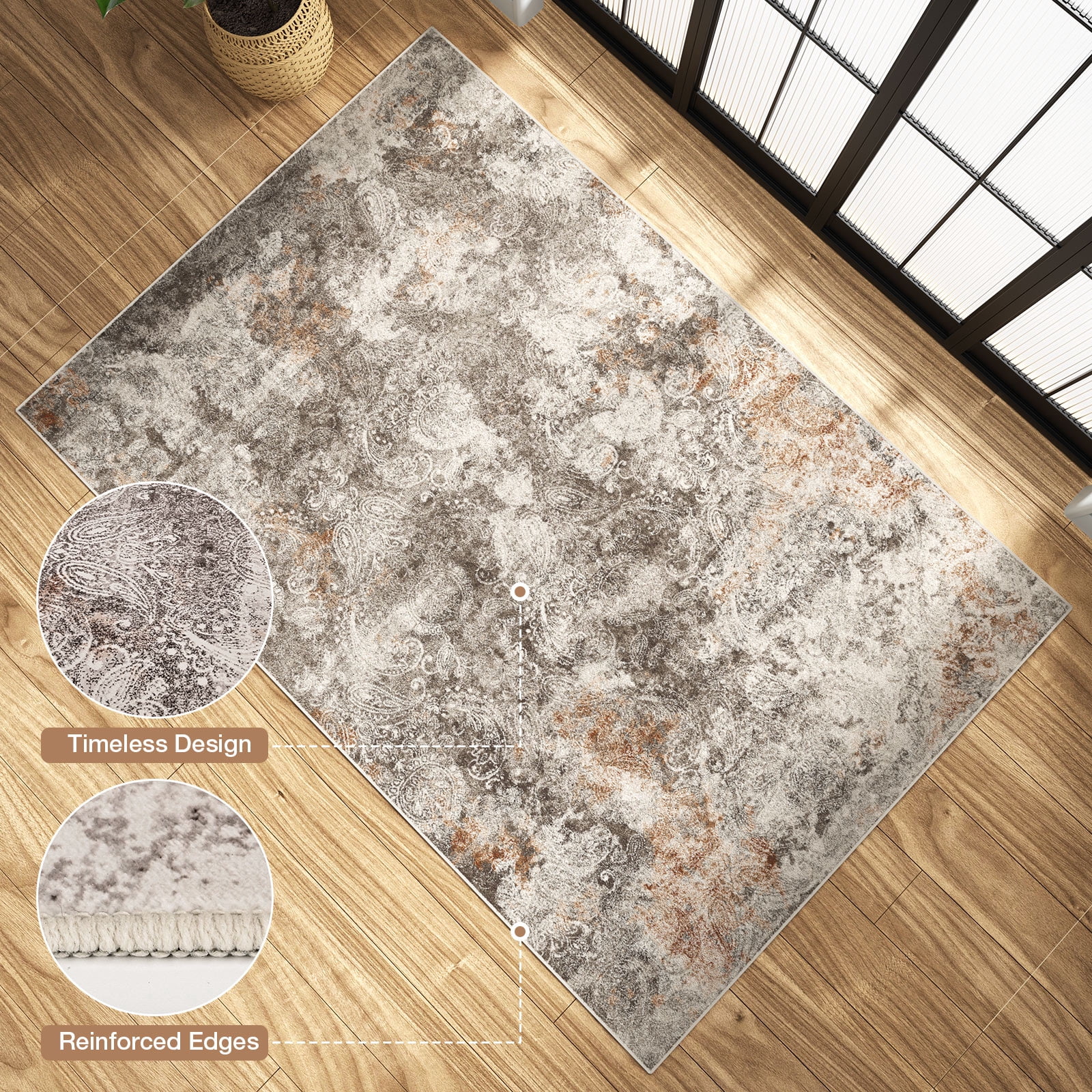 Washable Area Rug for Living Room, NovDeco 5'x7' Non-Slip Neutral Abstract Beige Indoor Rug, Soft Low Pile Stain Resistant Carpet for Bedroom Nursery