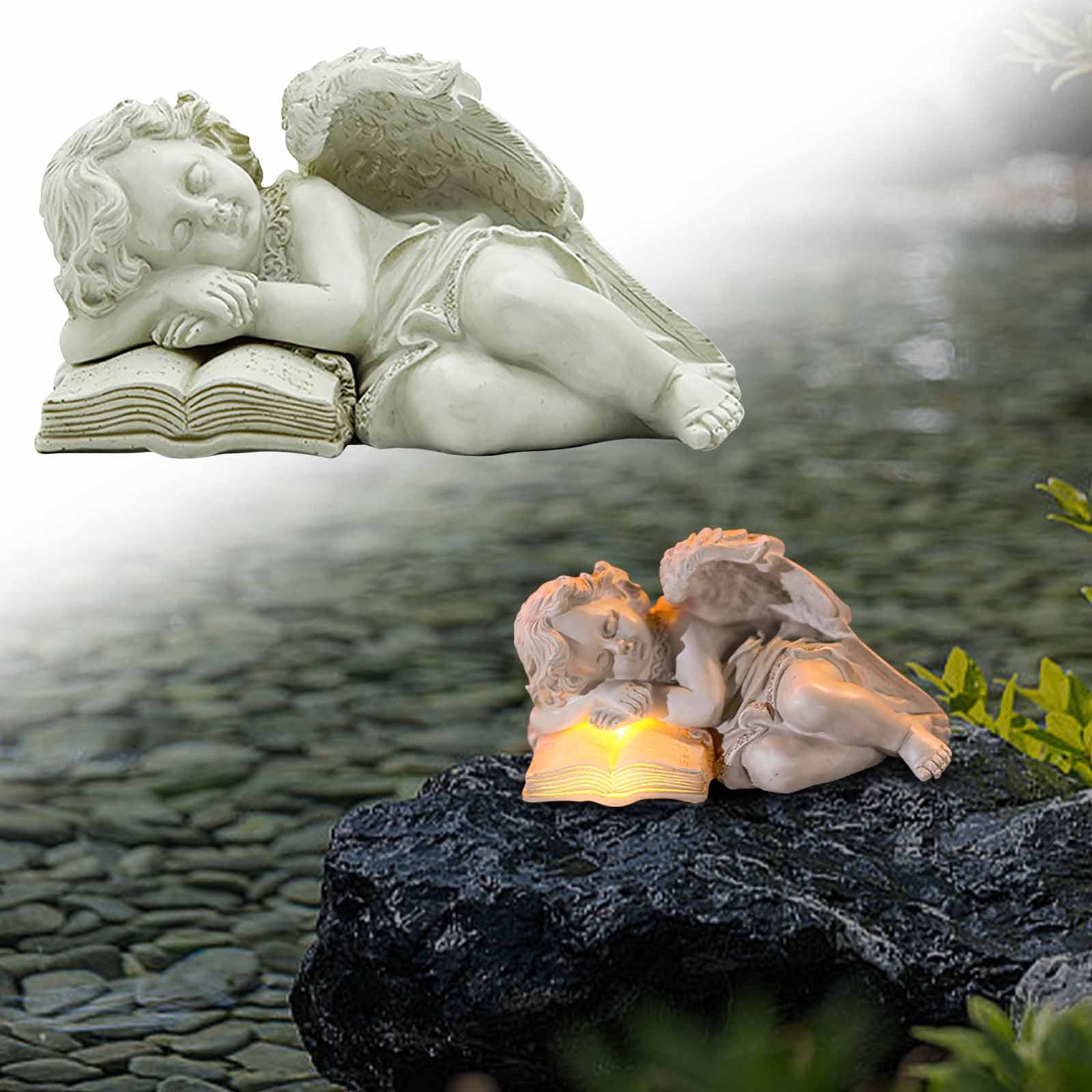 2 Packs Resin Angel Statue with Solar LED Light Outdoor Garden Decor for Patio Yard Memorial Gift Handmade Vintage Sculpture Durable Weatherproof Home Ornament