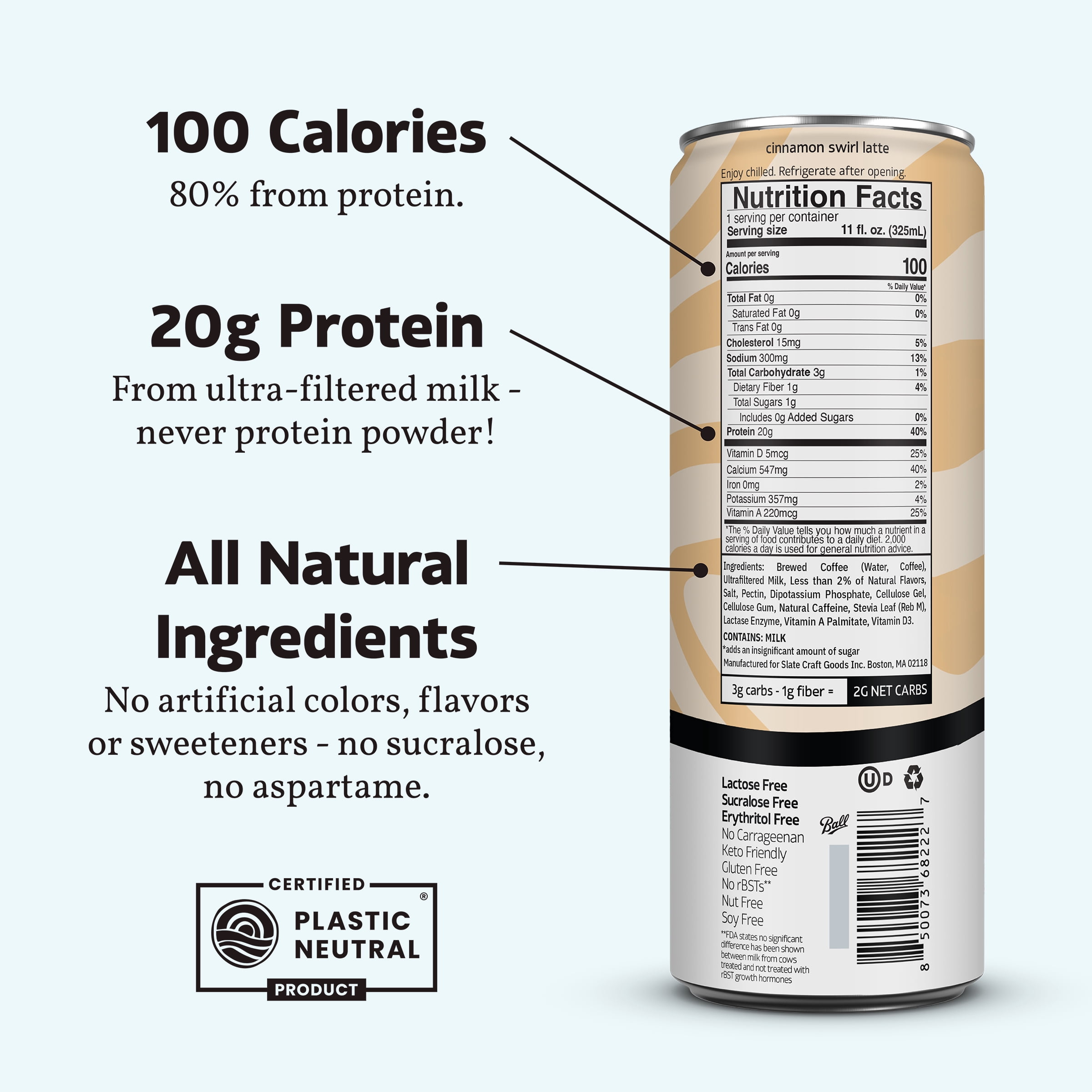 Slate Milk Cinnamon Swirl Latte, High Protein Iced Coffee, 20g Protein, 11 fl oz Can, Ready to Drink