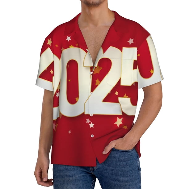 Fotbe Happy New 2025 Year Camisa Estampada de Manga Corta para Hombre, Casual de Verano, Estilo Playero, Sin Arrugas-3X-Large