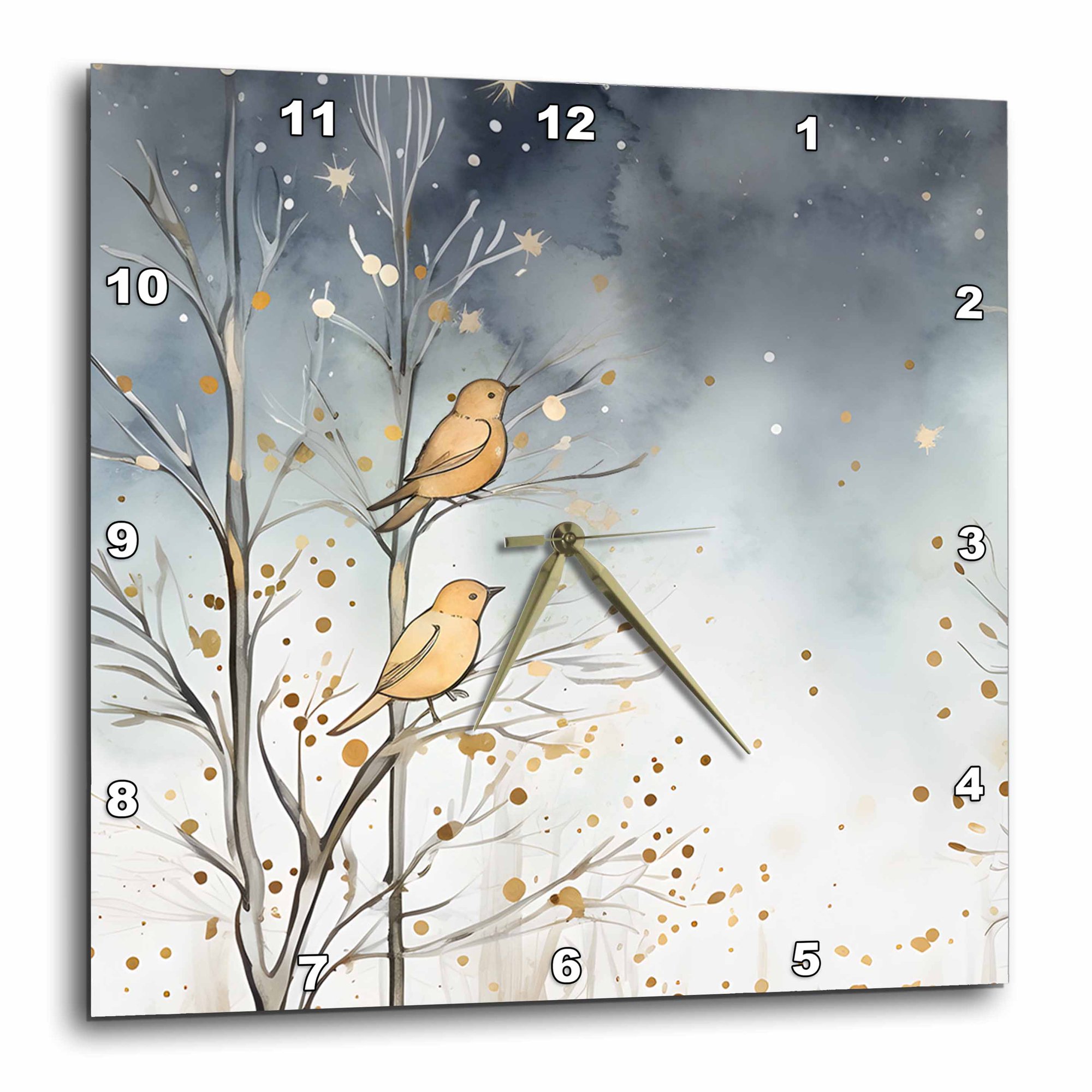 3drose, Sweet Pair of Winter Birds in a Golden Hues with Winter Blues, 10x10 Wall Clock