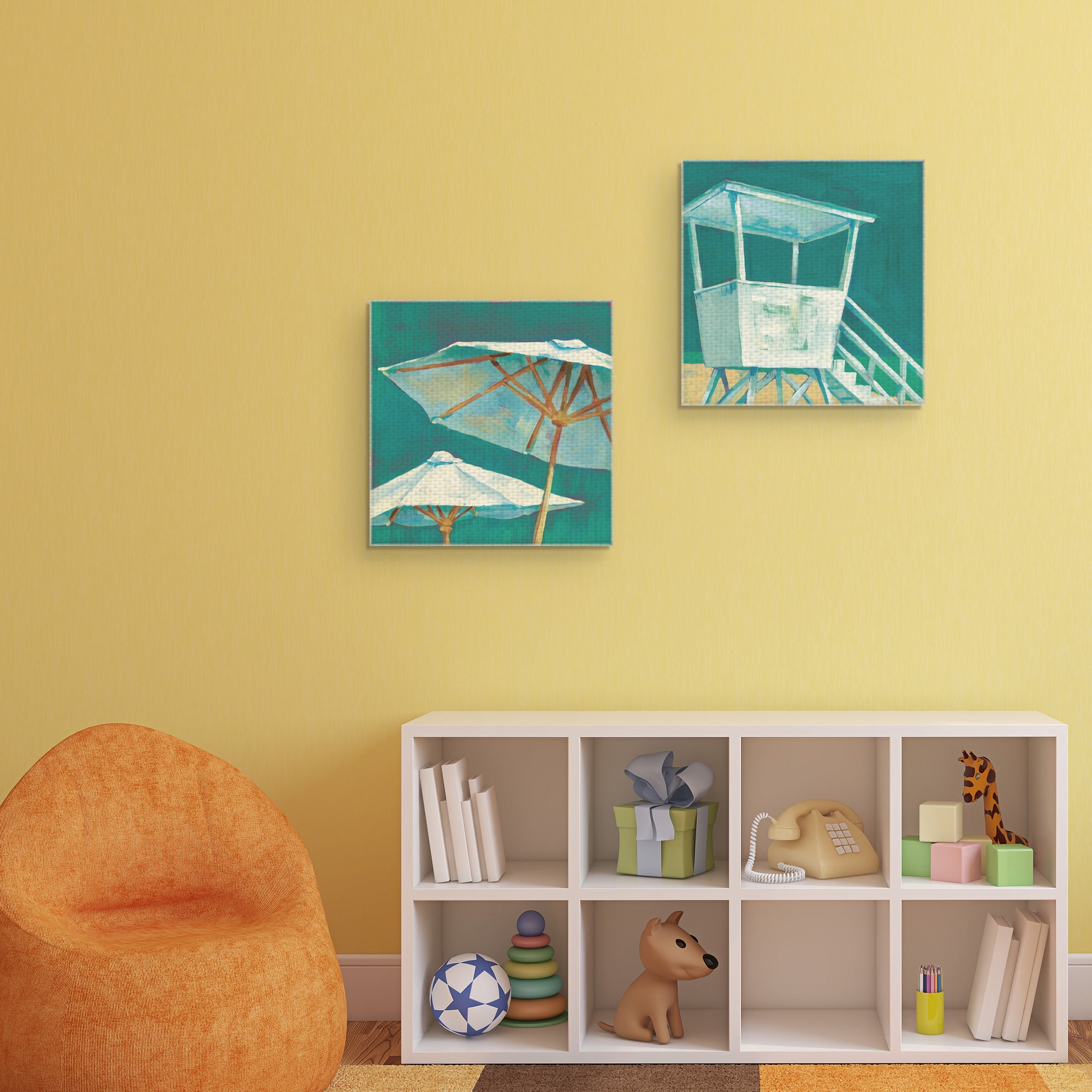 Beach Umbrella & Beach Tower by Willowbrook Fine Art Wrapped Canvas Painting Print Set of 2