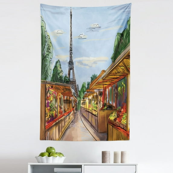 Paris Tapestry, Colorful Sketchy Painted Illustration of France City Street Trading Eiffel Tower, Fabric Wall Hanging Decor for Bedroom Living Room Dorm, 5 Sizes, Amber and Blue, by Ambesonne