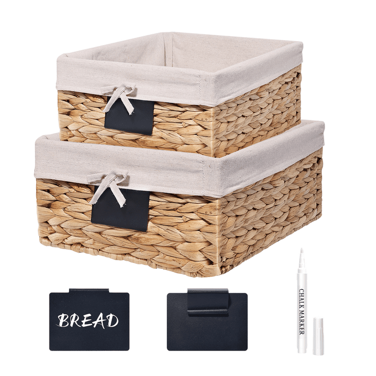 Water Hyacinth Storage Baskets for Organizing, Set of 2 Handwoven Pantry Organizers Nesting Container Baskets with Handle, Chalkboard Label & Chalk