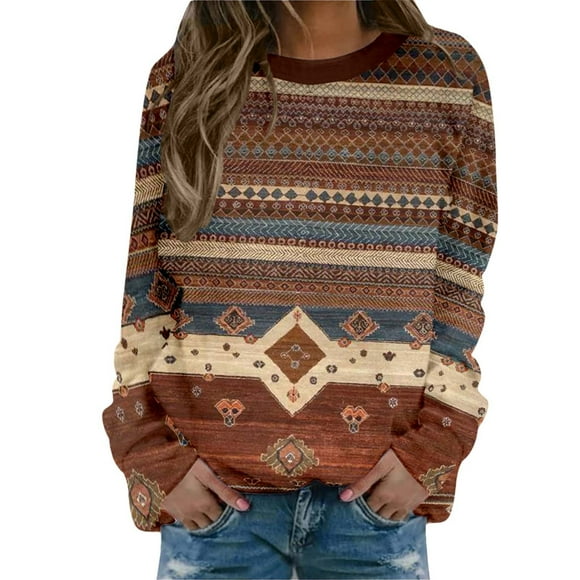 HNMKIU Ladies Tops Sweatshirt Women Long Sleeve Crewneck Retro Western Ethnic T Shirts Geometric Sweatshirt Casual Tops Sweater
