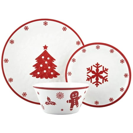 Christmas Dinner Birmingham Melange 608410091689 12-Piece 100% Dinnerware Set for 4 Christmas Collection-Red Xmas Shatter-Proof and Chip-Resistant Melamine Dinner Plate, Salad Plate & Soup Bowl (4 Each), 10.5