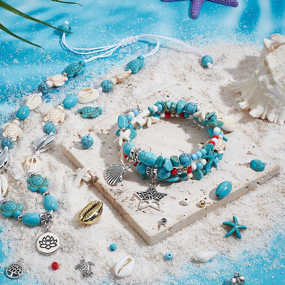 Surfer Wave Boho Bracelet Making Kit 710pcs Blue Beads Bracelet Kit Turquoise Turtle Starfish Beads Ocean Seashell Charms with Cords