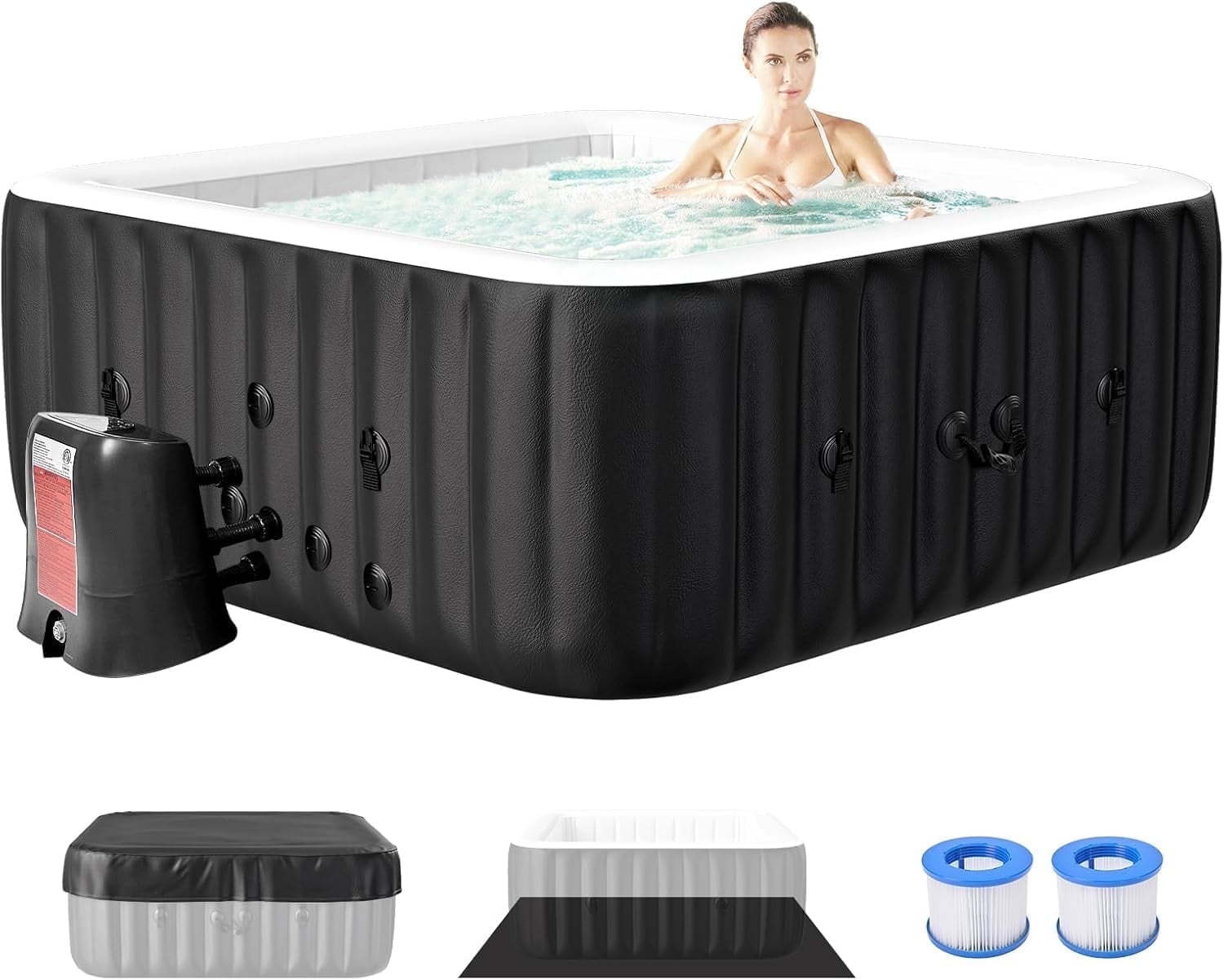 Inflatable Hot Tub 73"x73"x25", 4-6 Person Large Square Outdoor Spa Blow up Hot Tubs with 130 Bubble Jets, Blow Up Air Hot Tub with Heater Pump, Insulated Cover, 2 Filter Cartridges Outdoor Pool SPA