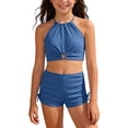 thumbnail image 2 of EliteGoogv Big Girls Two Pieces Swimsuits Straps Tropical Style Bikini Sets Solid Color Lightweight Bathing Suit Training Swimsuit Swimwear For Girls,Navy,14-15Y, 2 of 9
