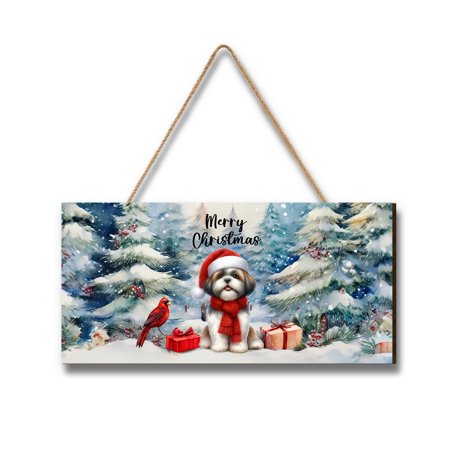 Merry Christmas Shih Tzu Enjoys Woofmas Winter Xmas Holiday Landscape Wood Sign Lion Dog Lover Gifts Hanging Wall Home Decor - 02022