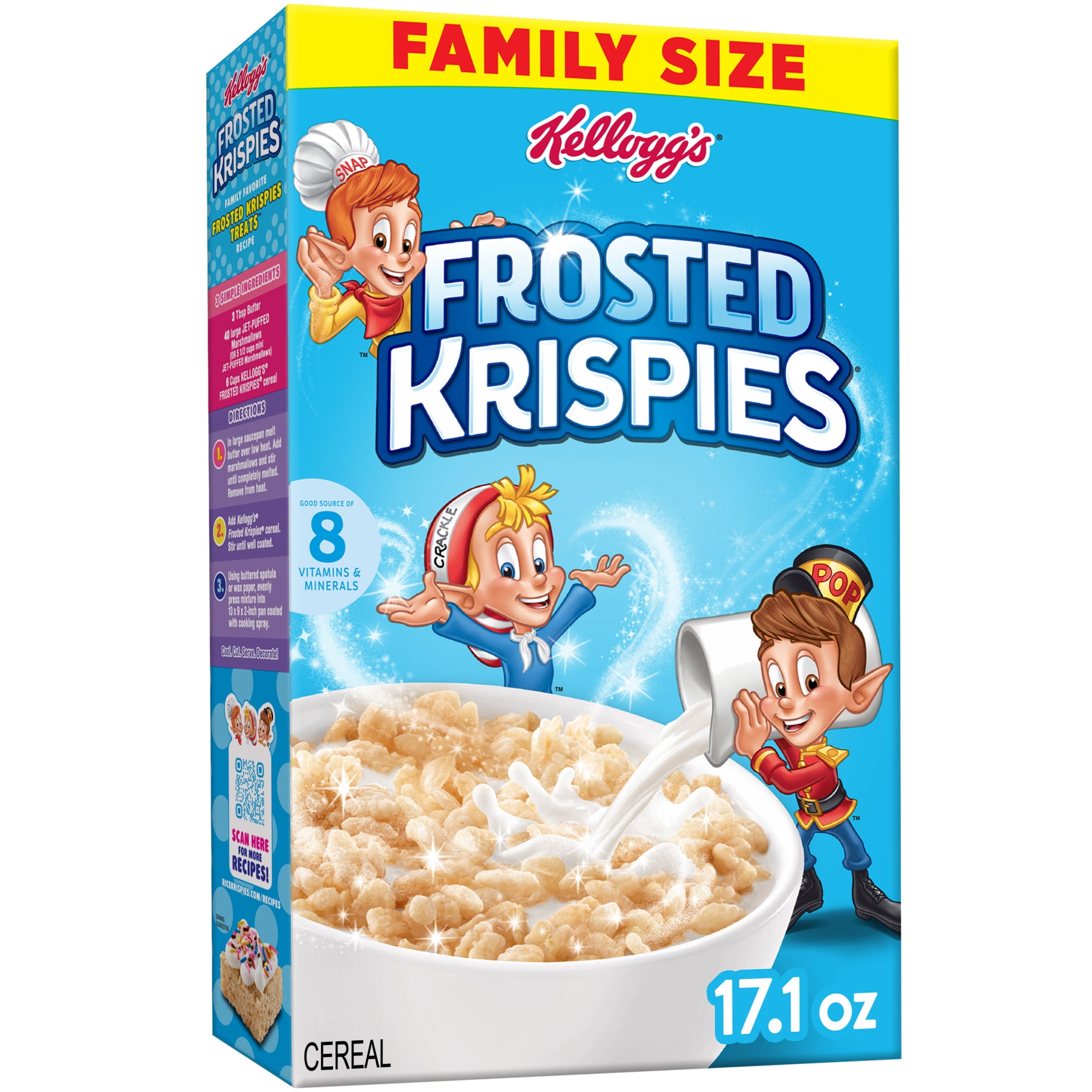 (8 pack) Kellogg's Frosted Krispies Frosted Flavor Breakfast Cereal, Kids Snacks, Family Size, 17.1 oz