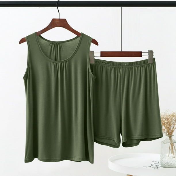 Conjunto de pijama de dos piezas para mujer, suelto, de verano, con tirantes de color liso, para estar en casa, blusa modal y pantalones
