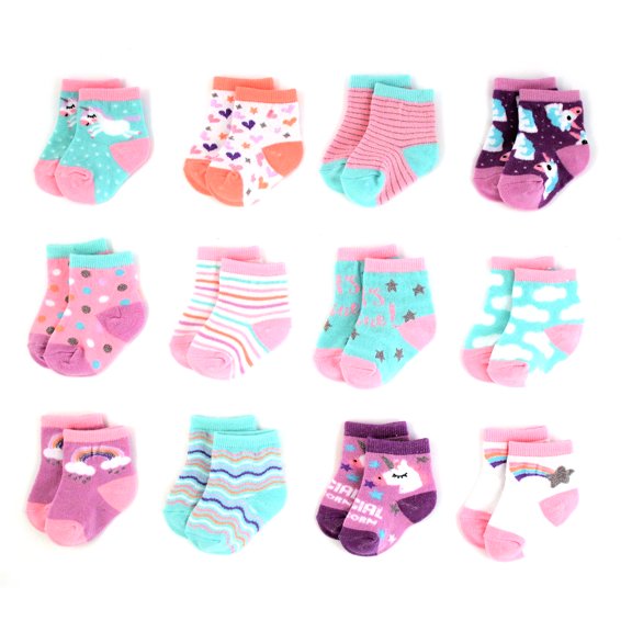 Rising Star Baby Girls Assorted Color Designs 12 Pair Socks Set, Age 6-12 Months