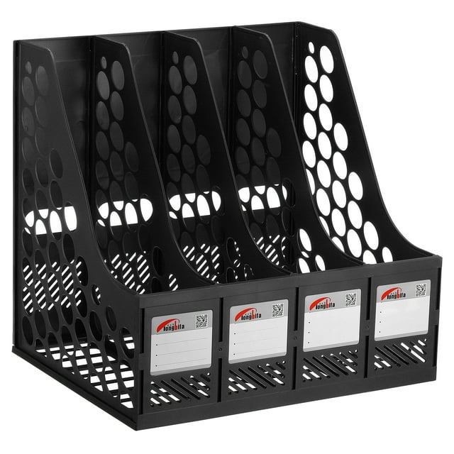 Unique Bargains Magazine File Holder, PS Plastic Vertical 4 Compartment Desktop Book Storage Rack Organizer, Black
