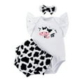 thumbnail image 2 of KYAIGUO 3PCS Baby Infant Girls Jumpsuit Crewneck Cow Print Romper Summer Ruffle Sleeveless Playsuit Shorts Set with Hairband for 3M-24M, 2 of 9