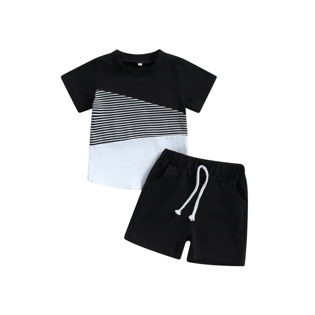 Fortune 2Pcs Little Boy Clothes Color Block Short Sleeve T-Shirts+Pockets Shorts 0-7 Years