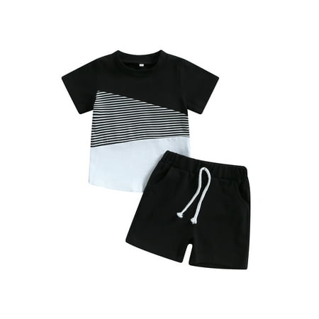 

Inevnen Baby Boys Outfits Short Sleeve Patchwork Crew Tees + White Straps Short Pants