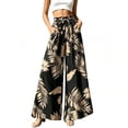 thumbnail image 2 of Women's Tropical Wide Leg Pants, Floral Print High Waist With Ruffle & Drawstring, Loose Beach Trousers With Side Pockets Beige XL, 2 of 4