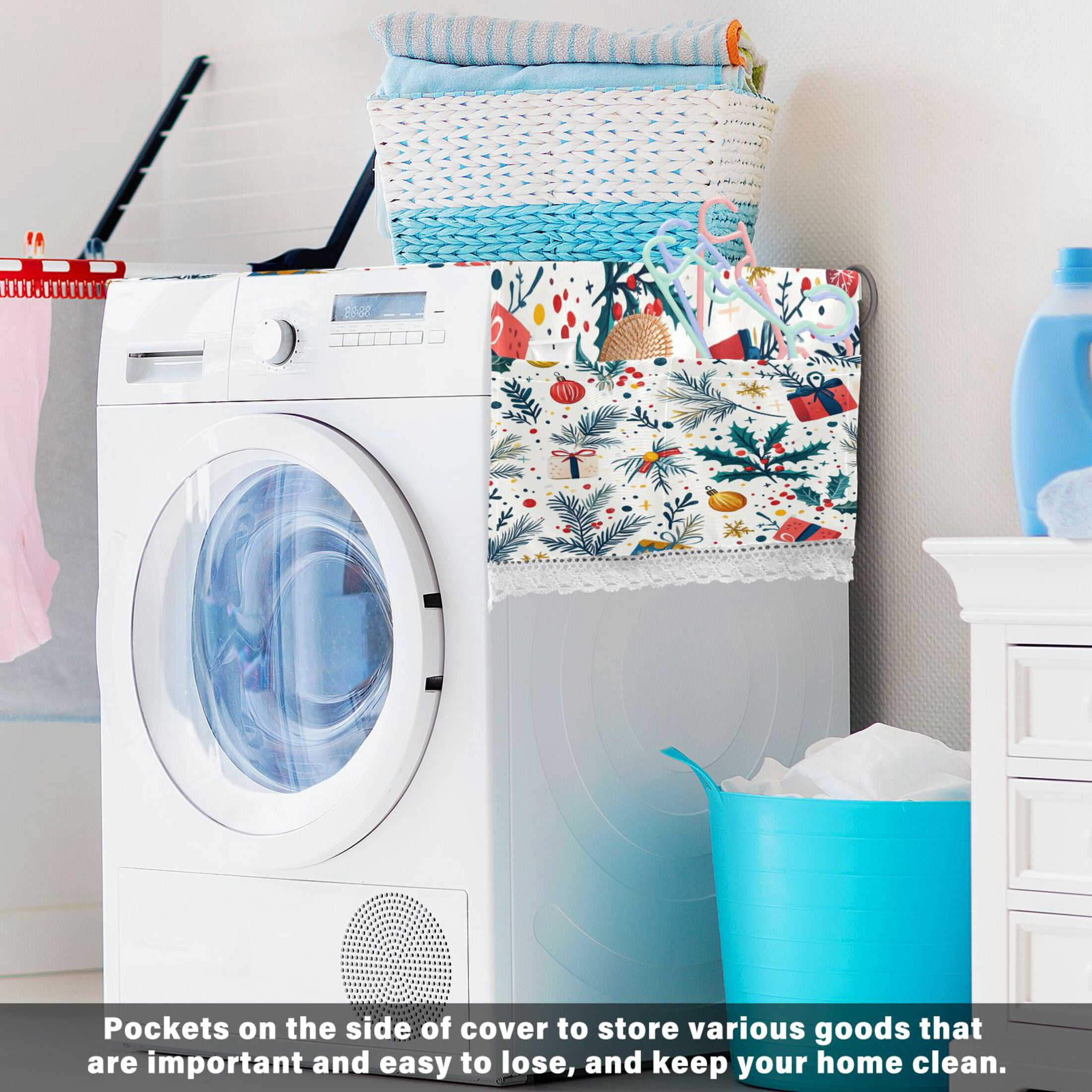 Christmas Tree Pattern with Gift Boxes and BellsWasher and Dryer Covers Dust-Proof and Oil Resistant Fridge Cover with 4 Storage Pockets Washing Machine Top Cover for Laundry Kitchen Home 51.2 x 22 I