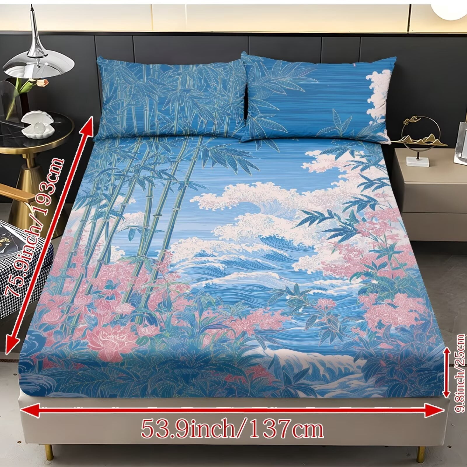 ZIATUBLES 3-Piece Queen Size Sheet Set, Soft Polyester Bedding-Cooling Cozy All-Season Sheets with 1 Fitted Sheet and 2 Pillowcases, Wave Floral Bamboo Print