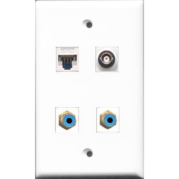 RiteAV - 2 Port RCA Blue and 1 Port BNC and 1 Port Cat5e Ethernet White Wall Plate