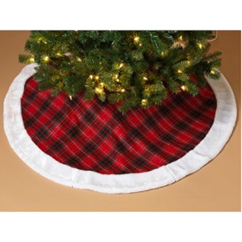 Red Plaid 48 Inch Christmas Tree Skirt with Fur Border Holiday ...