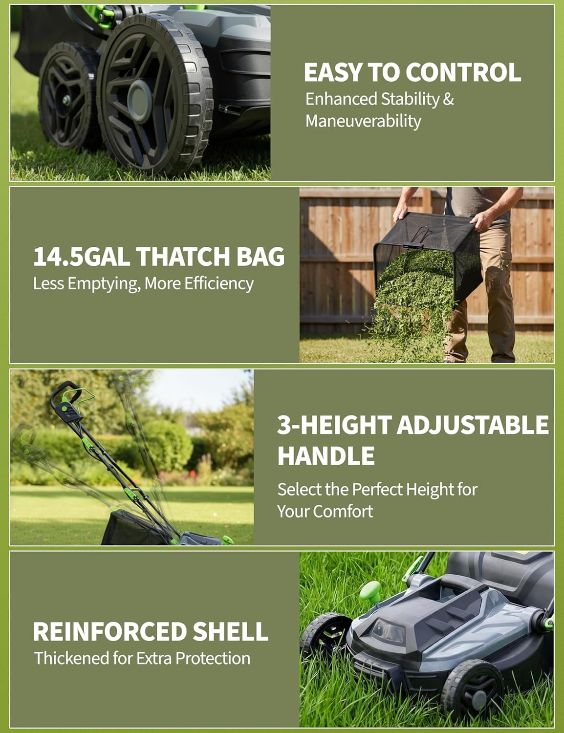 M optimized 15.5A Electric Lawn Dethatcher Scarifier, 14" Corded Dethatcher with 14.5 gal Collection Bag, 5-Position Depth Adjustment & 3-Height Adjustable Handle for Yard Care and Lawn Aeration