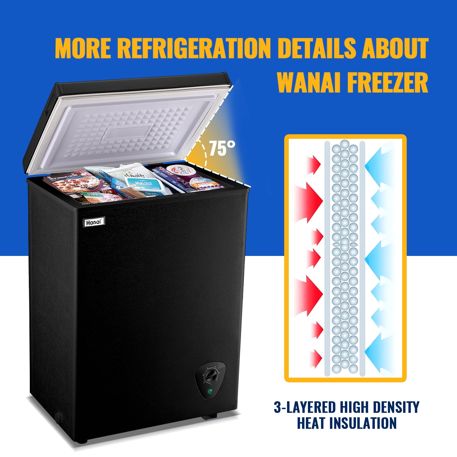WANAI 3.5 Cu.ft Compact Freezer, Fast Cooling, Top Door Design, Energy-Efficient Deep Freezer Black