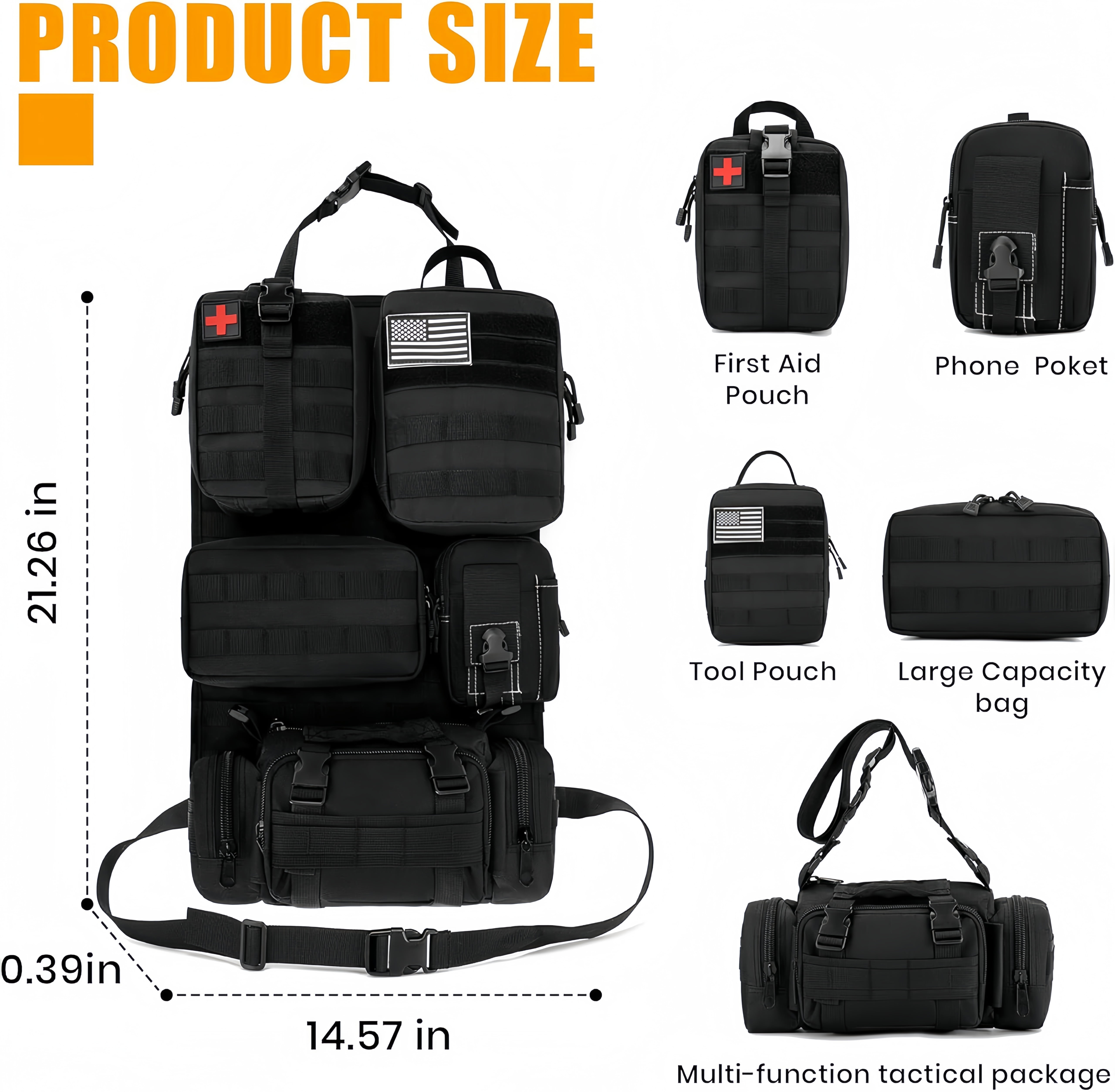 Universal Tactical Car Seat Back Organizer Bag,Molle Seat Back Organizer Panel with 5 Detachable Molle Pouches,Car Panel Organizer for Car Truck Ford Jeep Vehicle