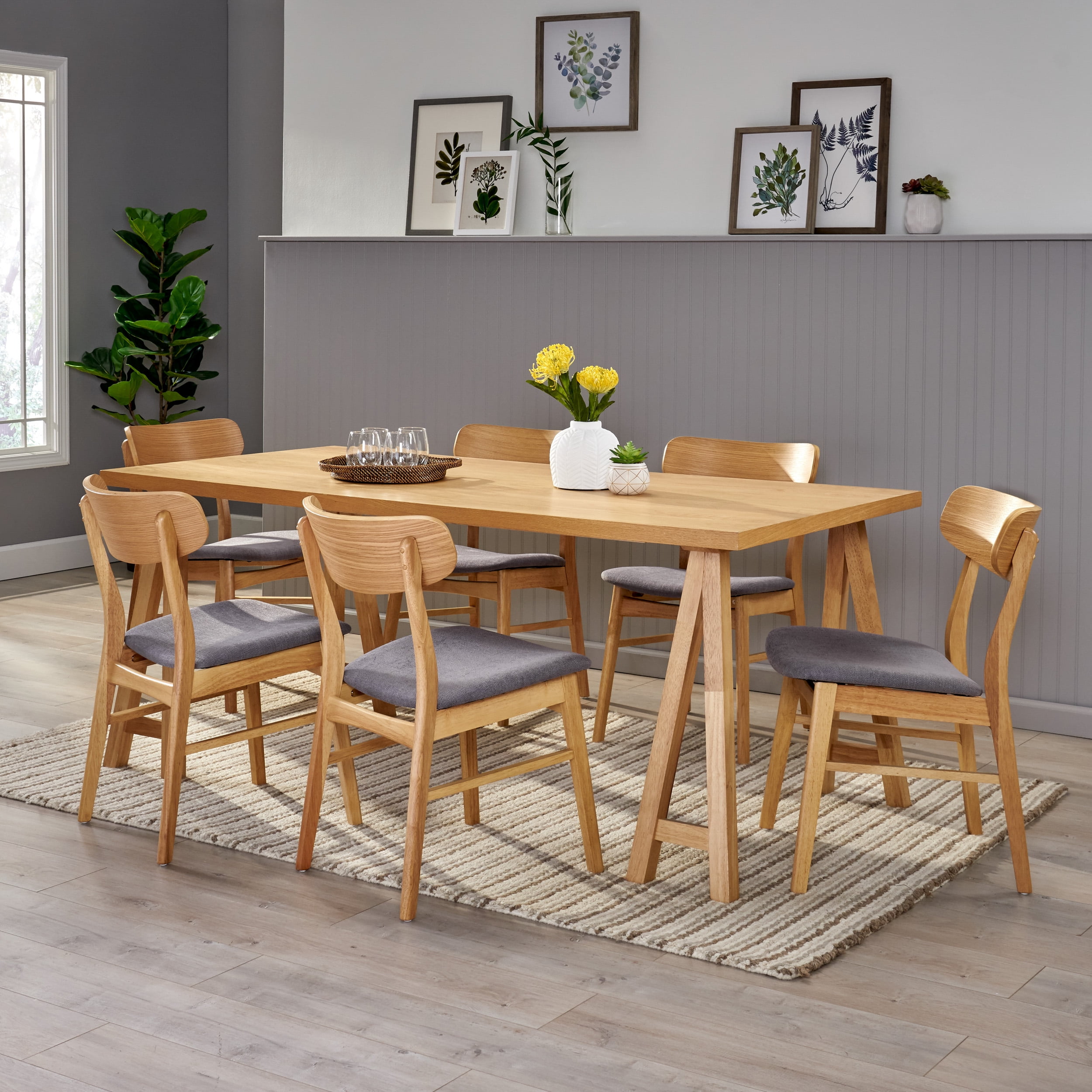 Noble House Lucas Mid-Century Modern 7 Piece Dining Set, Dark Gray and Natural Oak