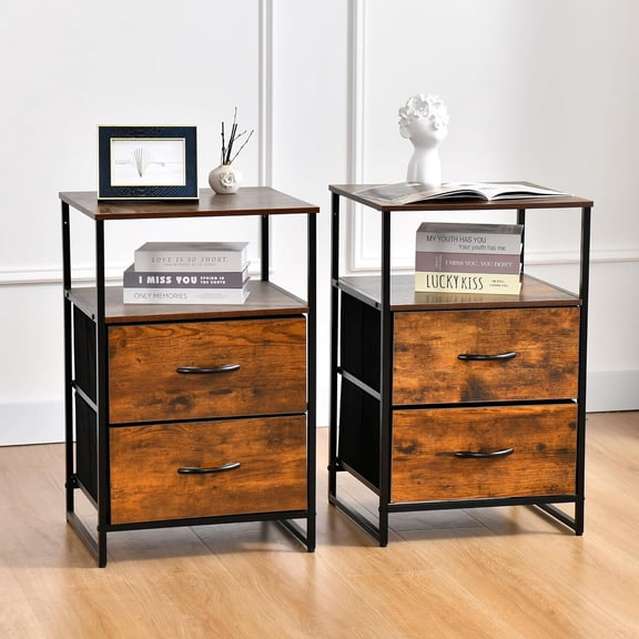 DUHOME Nightstands Set of 2, Bedside Storage Table with 2 Drawers, 2 Shelves, Fabric Drawer Dresser for Bedroom Living Room, End Table with Wooden Top and Front, Rustic Brown and Black