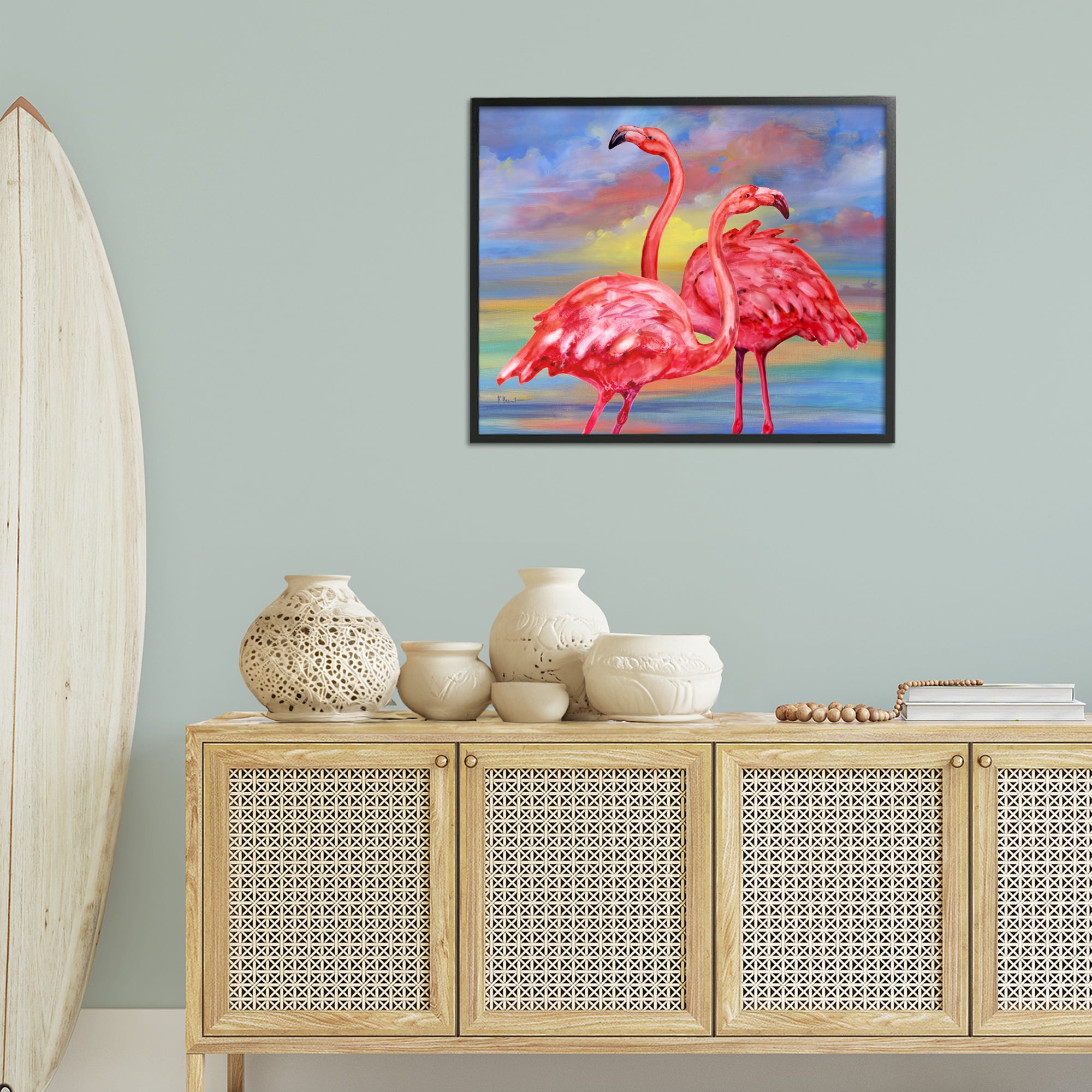 Stupell Industries Rainbow Sunset Flamingos Animals & Insects Painting Black Framed Art Print Wall Art, 30 x 24