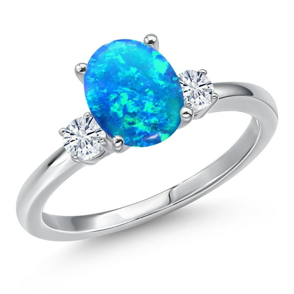 Gem Stone King 14K White Gold Simulated Blue Opal and White Moissanite Engagement Ring for Women | 0.76 Cttw | Oval Cabochon 9X7MM | Gemstone October Birthstone | Size 6