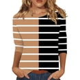 thumbnail image 2 of RXIRUCGD T-shirt à Rayures pour Femme à Col Ras du Cou à Manches 3/4, Kaki, Taille : M, 2 of 5