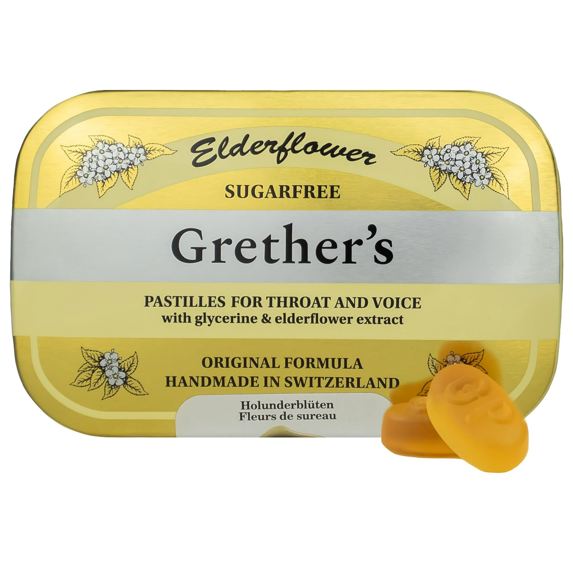 GRETHER'S Sugarfree Elderflower Pastilles – Premium Swiss Throat Lozenges for Dry Mouth & Throat Comfort – Intense Fruit Flavor – Gluten & Lactose Free – Gift for Singers – 2.1 oz