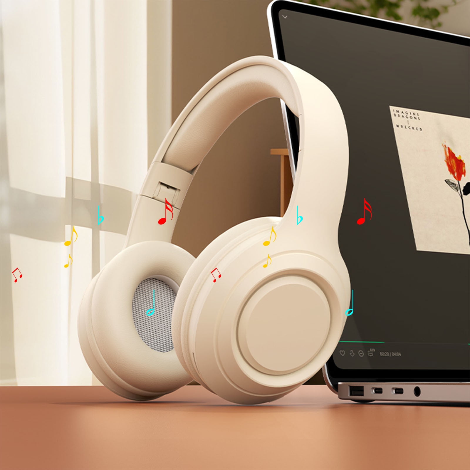 Wireless Bluetooth Over Ear Headphones Up to 28H Battery Life Headset with Microphone Gym Overhead Headphones Compatible with iOS & Android Mobile Phones, Computers, Laptop,Beige