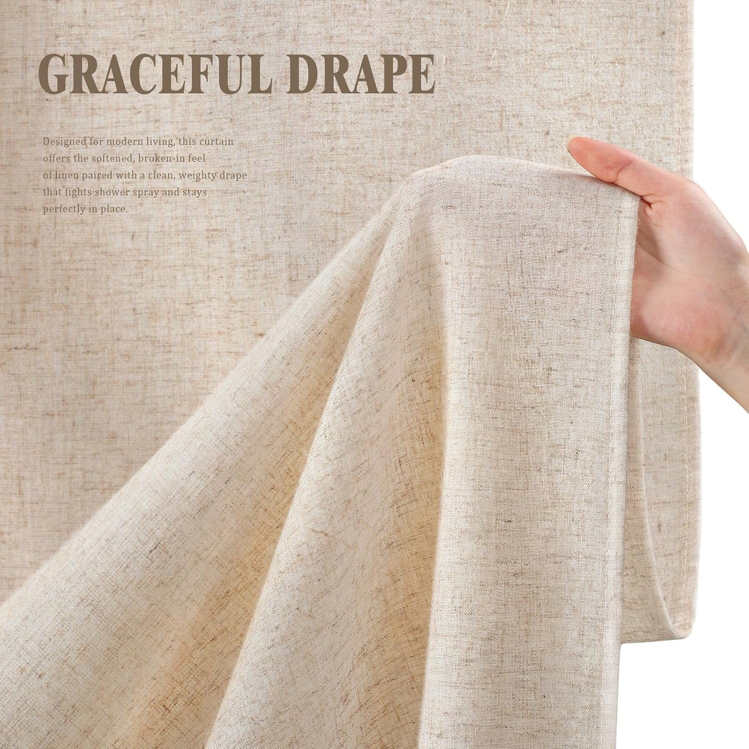 Linen Shower Curtain Beige, Fabric Boho Farmhouse Shower Curtains for Bathroom Cream Cotton Natural Cloth 72" W x 72" L