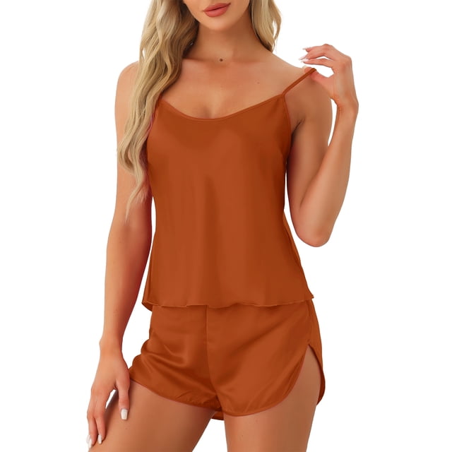 Conjuntos de pijamas de satén para mujer INSPIRE CHIC, top de tirantes con pantalones cortos, 2 piezas, ropa de dormir, conjunto de pijama de seda, talla L, caramelo