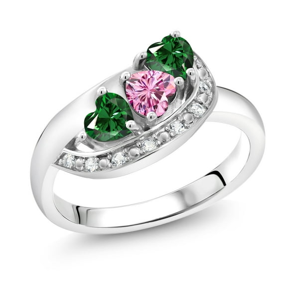 Gem Stone King 925 Sterling Silver Pink Moissanite and Green Nano Emerald and White Created Sapphire Engagement Ring for Women (1.11 Cttw, Gemstone , Heart Shape 4MM, Size 6)