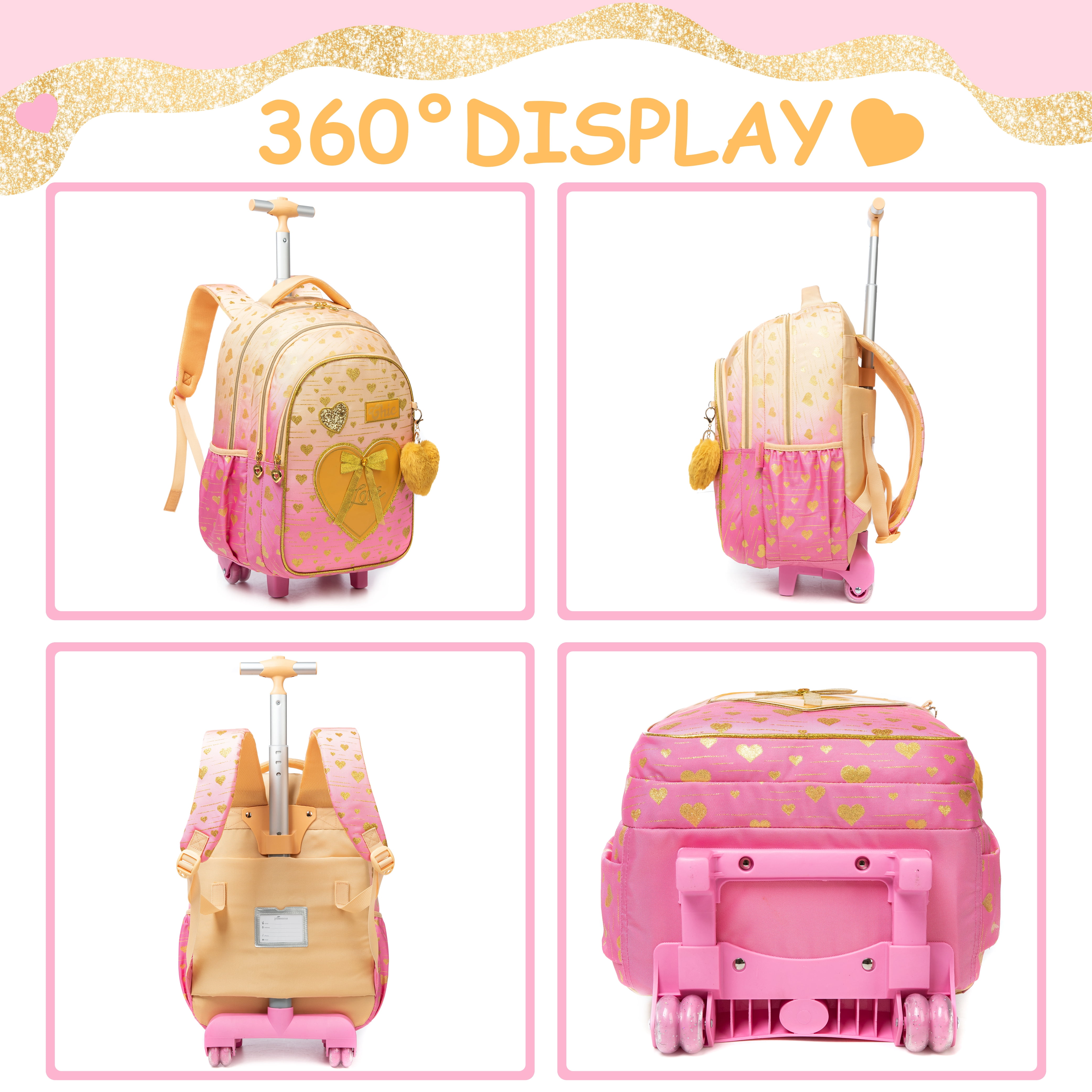 Kids Rolling Backpack for School Girls with Wheels Wheeled School Bags Girls Backpacks with Lunch Bag Pencil Case Ages 8-10