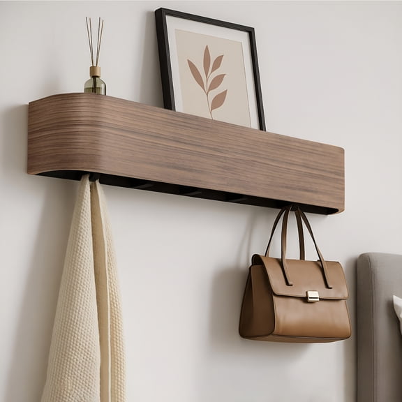 XIBUFE Wall-Mounted Coat Rack – Floating Wood Shelf with Hidden Hooks – Modern Entryway Organizer for Hallway or Closet (Walnut)