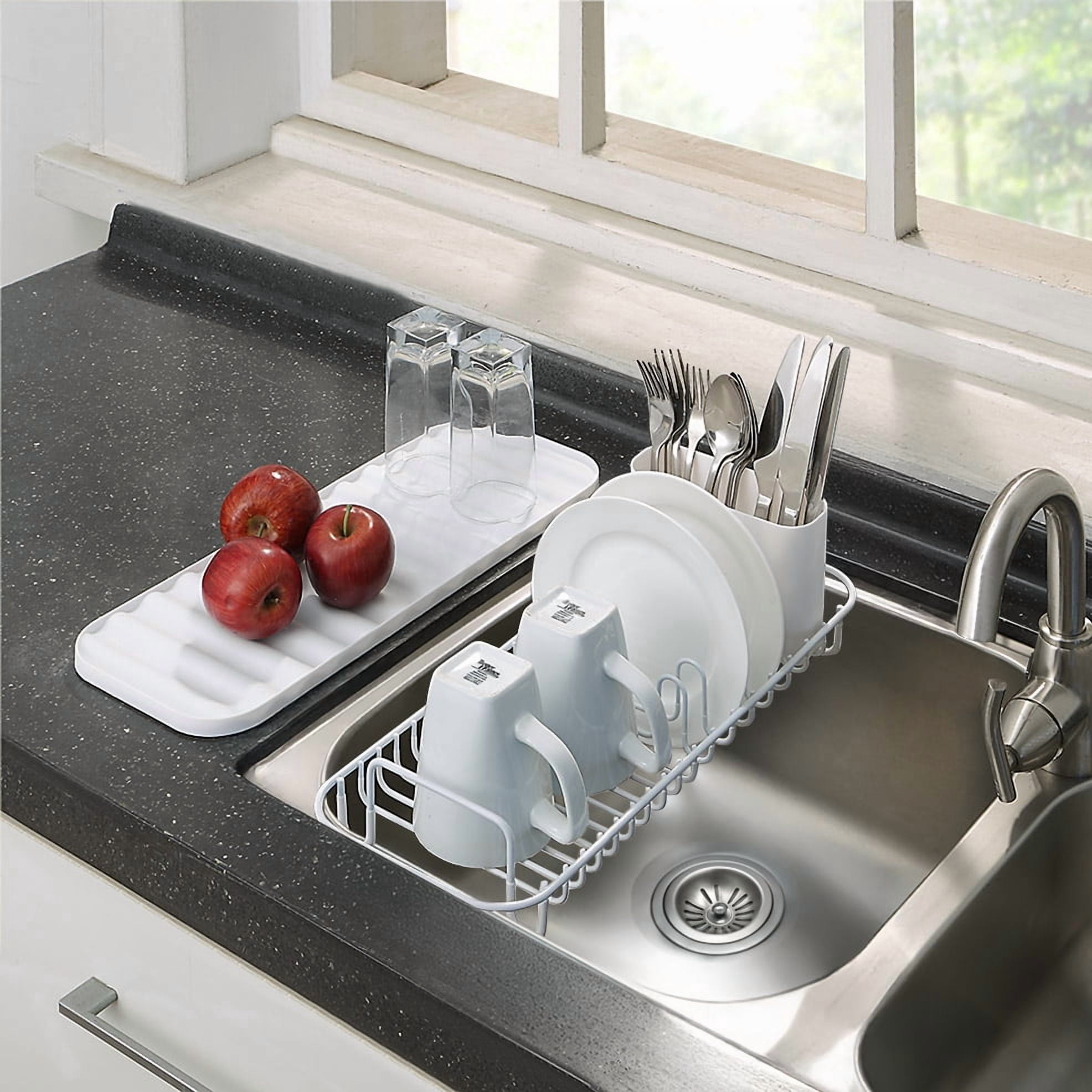SunnyPoint 304 Stainless Steel Dish Drying Rack with Utensil Holder, Compact Countertop Dish Rack with Removable Drain Tray – White